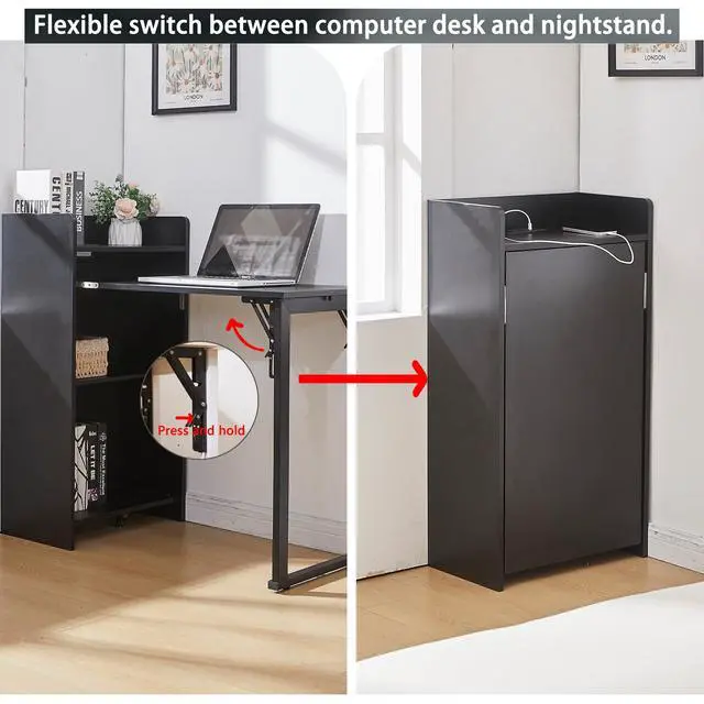 Alt view image 4 of 6 - Foldable Desk,Hidden Desk with Storage and Built-in Socket,Mid Century Fold Out Table for Small Spaces,Home Office and Bedroom (Black)