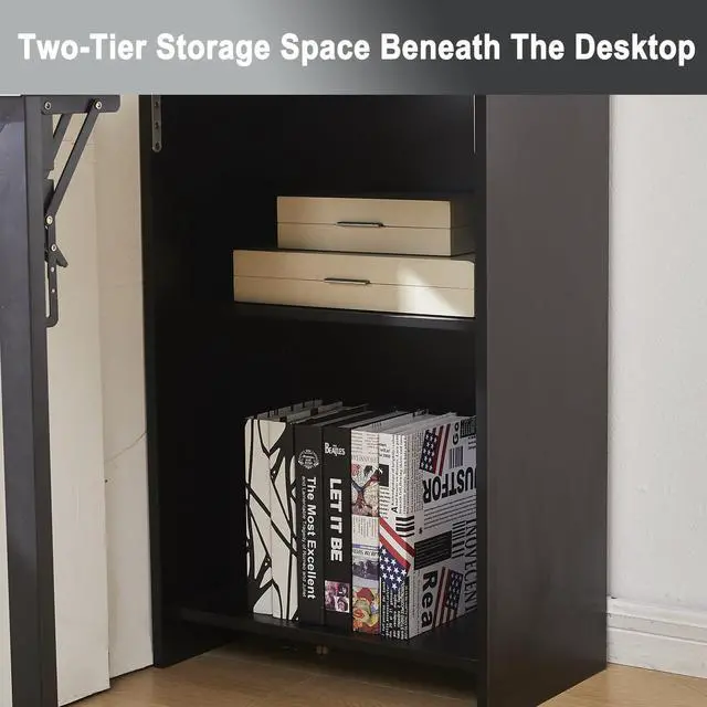 Alt view image 5 of 6 - Foldable Desk,Hidden Desk with Storage and Built-in Socket,Mid Century Fold Out Table for Small Spaces,Home Office and Bedroom (Black)