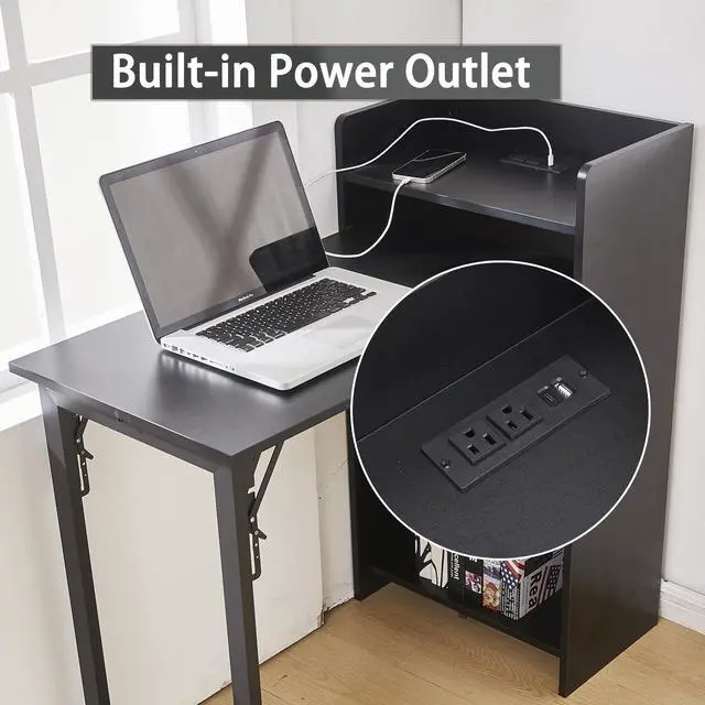 Alt view image 6 of 6 - Foldable Desk,Hidden Desk with Storage and Built-in Socket,Mid Century Fold Out Table for Small Spaces,Home Office and Bedroom (Black)