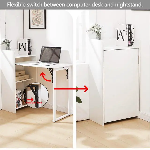 Alt view image 3 of 6 - Fold Out Desk,Hidden Desk with Built-in Outlet, Foldable Desk with Storage for Small Spaces,Home Office and Bedroom (White)