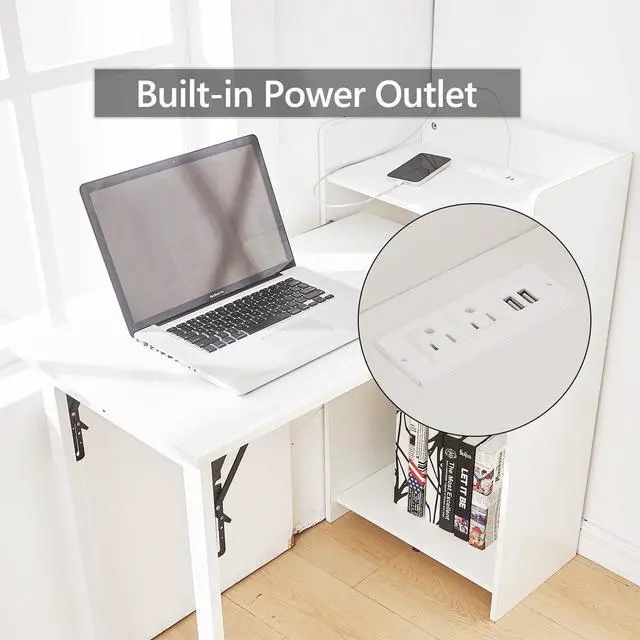 Alt view image 4 of 6 - Fold Out Desk,Hidden Desk with Built-in Outlet, Foldable Desk with Storage for Small Spaces,Home Office and Bedroom (White)