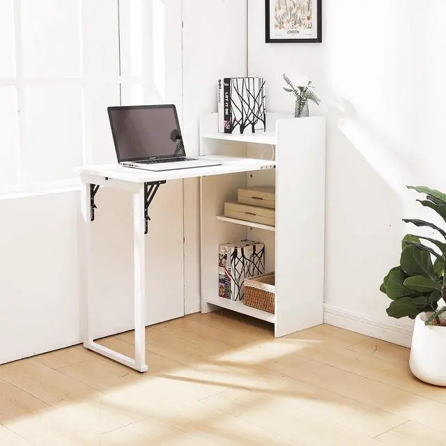 Alt view image 6 of 6 - Fold Out Desk,Hidden Desk with Built-in Outlet, Foldable Desk with Storage for Small Spaces,Home Office and Bedroom (White)