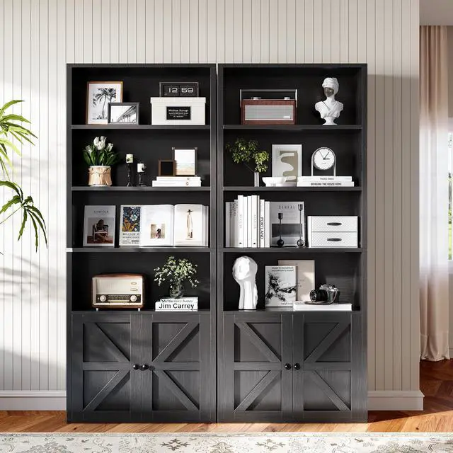 Alt view image 2 of 6 - 71.5" Tall Bookshelf and Bookcase, 6-Tier Wooden Bookshelves with Cabinet Doors, Floor Bookshelves and Office Storage Cabinets for Home Office, Living Room (Black 1 Pack, 6-Tier)