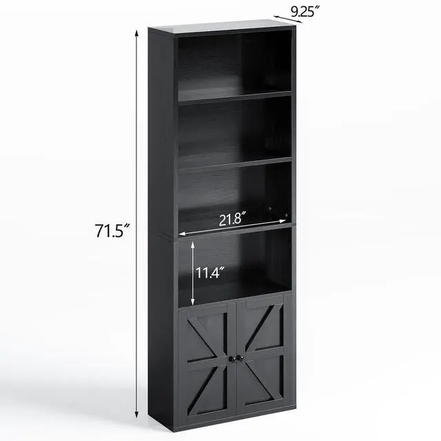 Alt view image 3 of 6 - 71.5" Tall Bookshelf and Bookcase, 6-Tier Wooden Bookshelves with Cabinet Doors, Floor Bookshelves and Office Storage Cabinets for Home Office, Living Room (Black 1 Pack, 6-Tier)