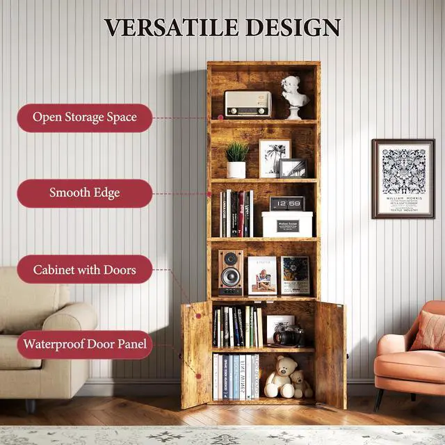 Alt view image 6 of 6 - 71.5" Tall Bookshelf and Bookcase, 6-Tier Wooden Bookshelves with Cabinet Doors, Floor Bookshelves and Office Storage Cabinets for Home Office, Living Room (Brown 1 Pack, 6-Tier)