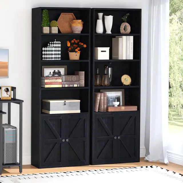 Alt view image 2 of 5 - 71.5" Tall Bookshelf and Bookcase Set of 2, Wooden Bookshelves with Cabinet Doors, 6-Tier Bookshelves and Office Storage Cabinets for Home & Office(Black 2 Pack, 6-Tier)