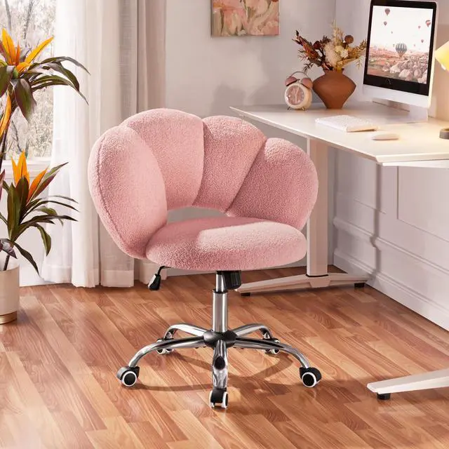 Alt view image 2 of 6 - Boucle Upholstered Desk Chair Cloud-Shaped Vanity Chair Adjustable Home Office Chair Computer Chair with Rolling Wheels for Living Room, Bedroom Pink