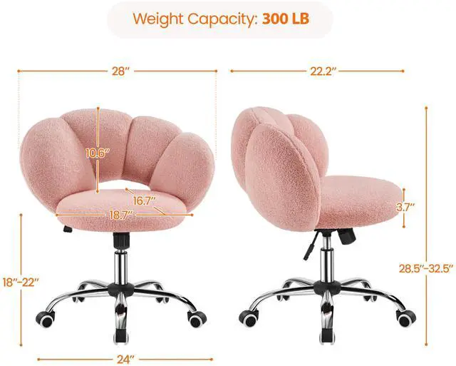 Alt view image 3 of 6 - Boucle Upholstered Desk Chair Cloud-Shaped Vanity Chair Adjustable Home Office Chair Computer Chair with Rolling Wheels for Living Room, Bedroom Pink
