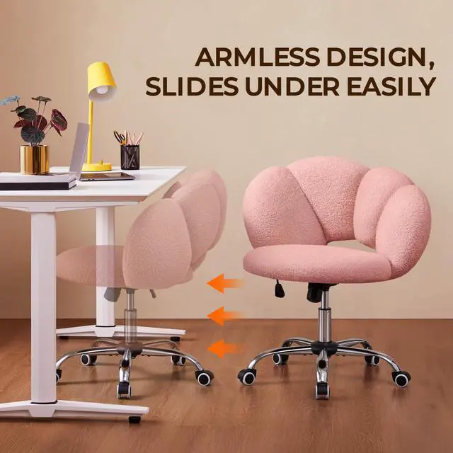 Alt view image 4 of 6 - Boucle Upholstered Desk Chair Cloud-Shaped Vanity Chair Adjustable Home Office Chair Computer Chair with Rolling Wheels for Living Room, Bedroom Pink
