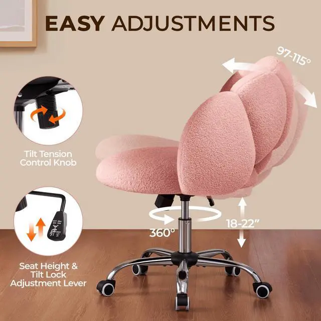Alt view image 5 of 6 - Boucle Upholstered Desk Chair Cloud-Shaped Vanity Chair Adjustable Home Office Chair Computer Chair with Rolling Wheels for Living Room, Bedroom Pink