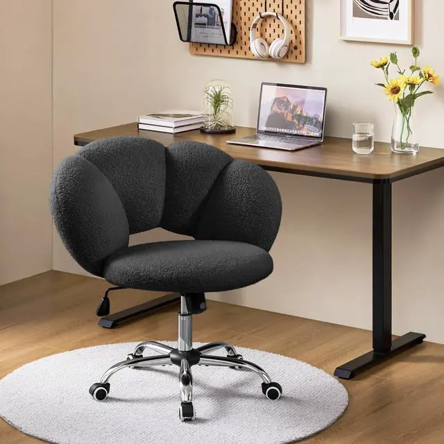 Alt view image 2 of 6 - Boucle Upholstered Desk Chair Cloud-Shaped Vanity Chair Adjustable Home Office Computer with Rolling Wheels for Living Room, Bedroom Black