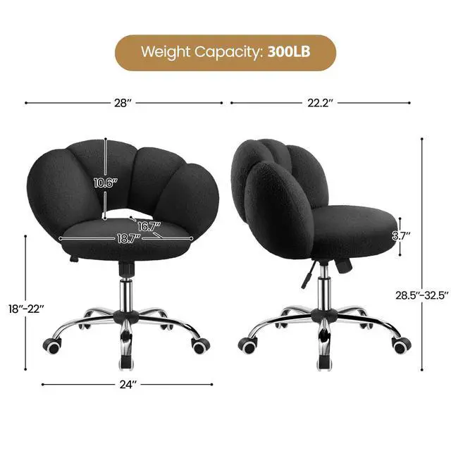 Alt view image 3 of 6 - Boucle Upholstered Desk Chair Cloud-Shaped Vanity Chair Adjustable Home Office Computer with Rolling Wheels for Living Room, Bedroom Black