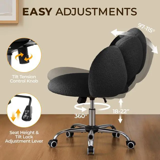 Alt view image 4 of 6 - Boucle Upholstered Desk Chair Cloud-Shaped Vanity Chair Adjustable Home Office Computer with Rolling Wheels for Living Room, Bedroom Black