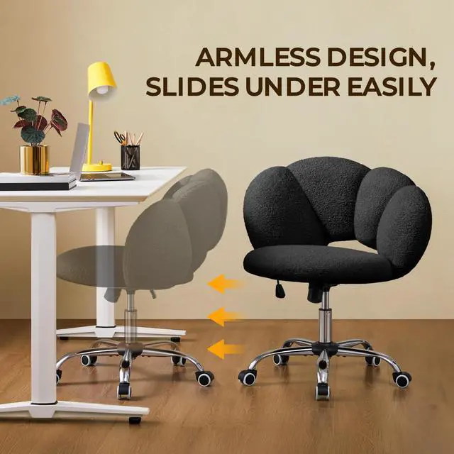 Alt view image 5 of 6 - Boucle Upholstered Desk Chair Cloud-Shaped Vanity Chair Adjustable Home Office Computer with Rolling Wheels for Living Room, Bedroom Black