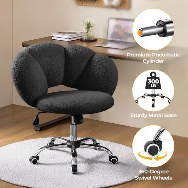 Alt view image 6 of 6 - Boucle Upholstered Desk Chair Cloud-Shaped Vanity Chair Adjustable Home Office Computer with Rolling Wheels for Living Room, Bedroom Black