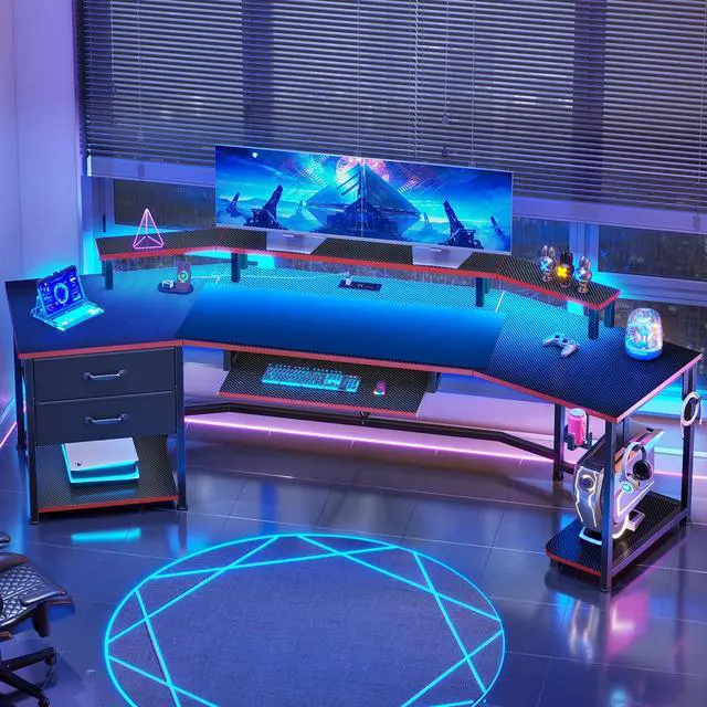 Main image of 79" Gaming Desk with 2 Fabric Drawers, Long Computer Desk with Power Strip & LED Lights, U Shaped Desk wtih Storage and Cup Holder, Large Gaming Table for Bedroom, Carbon Fiber Black+Red