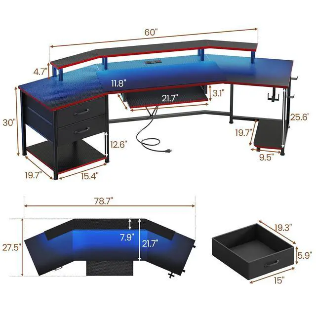 Alt view image 2 of 6 - 79" Gaming Desk with 2 Fabric Drawers, Long Computer Desk with Power Strip & LED Lights, U Shaped Desk wtih Storage and Cup Holder, Large Gaming Table for Bedroom, Carbon Fiber Black+Red