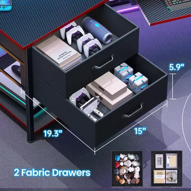 Alt view image 4 of 6 - 79" Gaming Desk with 2 Fabric Drawers, Long Computer Desk with Power Strip & LED Lights, U Shaped Desk wtih Storage and Cup Holder, Large Gaming Table for Bedroom, Carbon Fiber Black+Red