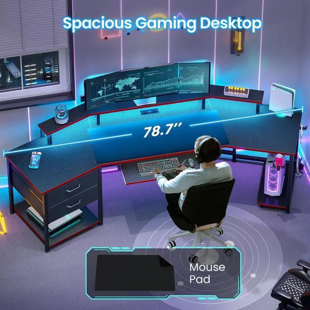 Alt view image 6 of 6 - 79" Gaming Desk with 2 Fabric Drawers, Long Computer Desk with Power Strip & LED Lights, U Shaped Desk wtih Storage and Cup Holder, Large Gaming Table for Bedroom, Carbon Fiber Black+Red
