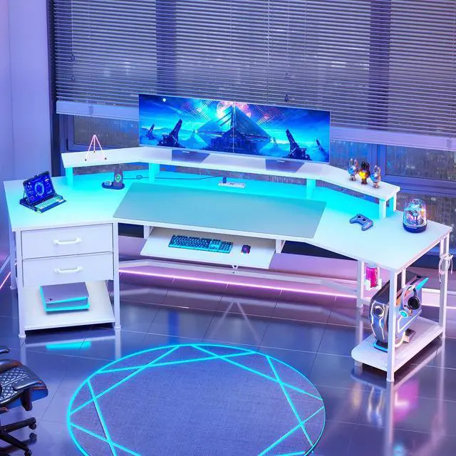 Main image of 79" Gaming Desk with 2 Fabric Drawers, Long Computer Desk with Power Strip & LED Lights, U Shaped Desk with Storage and Cup Holder, Large Gaming Table for Bedroom, Carbon Fiber White
