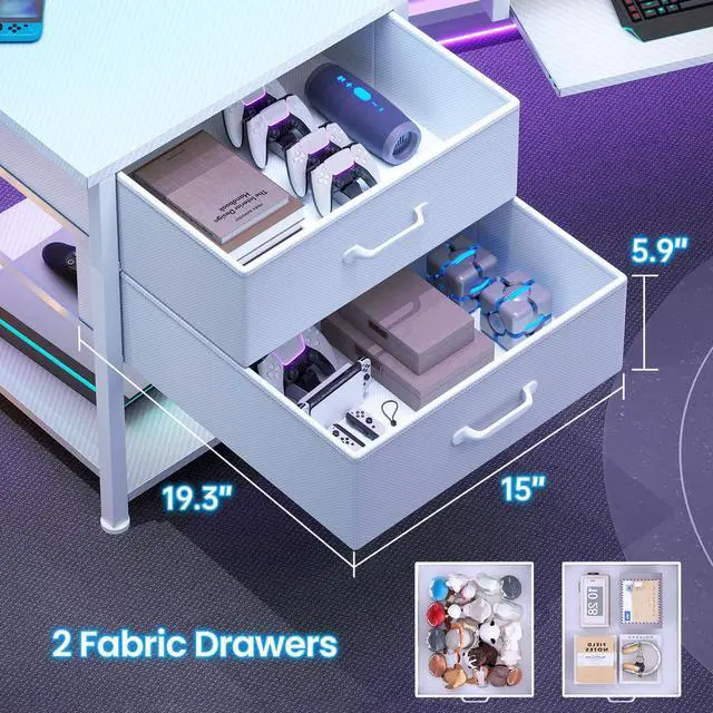 Alt view image 4 of 6 - 79" Gaming Desk with 2 Fabric Drawers, Long Computer Desk with Power Strip & LED Lights, U Shaped Desk with Storage and Cup Holder, Large Gaming Table for Bedroom, Carbon Fiber White