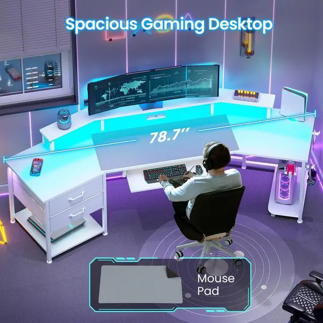 Alt view image 6 of 6 - 79" Gaming Desk with 2 Fabric Drawers, Long Computer Desk with Power Strip & LED Lights, U Shaped Desk with Storage and Cup Holder, Large Gaming Table for Bedroom, Carbon Fiber White