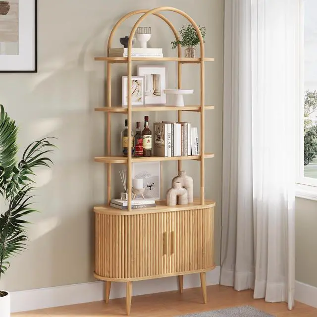 Main image of 71" Tall Arched Bookshelf with Sliding Doors, Mid Century Modern Metal Curved Bookcase Cabinet with Storage, 4-Tier Storage Shelf for Living Room, Home Office, Bedroom, Natural