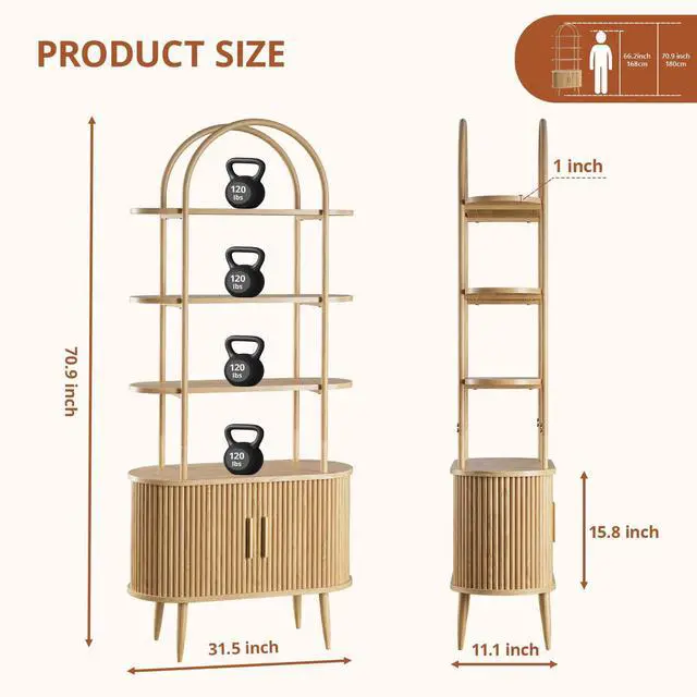 Alt view image 2 of 6 - 71" Tall Arched Bookshelf with Sliding Doors, Mid Century Modern Metal Curved Bookcase Cabinet with Storage, 4-Tier Storage Shelf for Living Room, Home Office, Bedroom, Natural