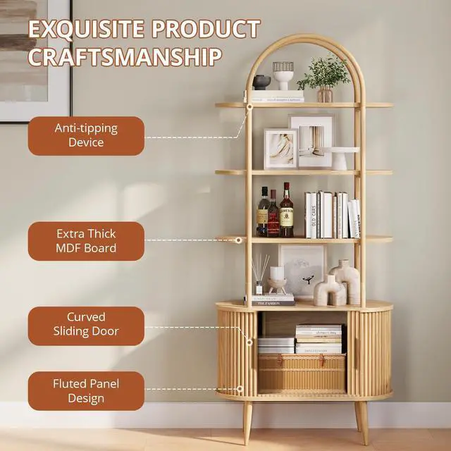 Alt view image 3 of 6 - 71" Tall Arched Bookshelf with Sliding Doors, Mid Century Modern Metal Curved Bookcase Cabinet with Storage, 4-Tier Storage Shelf for Living Room, Home Office, Bedroom, Natural