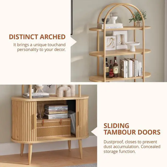 Alt view image 6 of 6 - 71" Tall Arched Bookshelf with Sliding Doors, Mid Century Modern Metal Curved Bookcase Cabinet with Storage, 4-Tier Storage Shelf for Living Room, Home Office, Bedroom, Natural