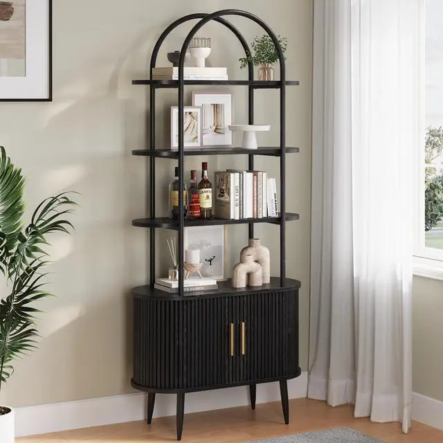 Main image of 71" Tall Arched Bookshelf with Sliding Doors, Mid Century Modern Metal Curved Bookcase Cabinet with Storage, 4-Tier Storage Shelf for Living Room, Home Office, Bedroom, Black
