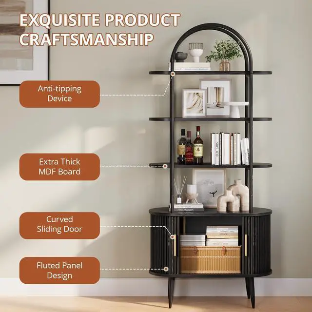Alt view image 2 of 6 - 71" Tall Arched Bookshelf with Sliding Doors, Mid Century Modern Metal Curved Bookcase Cabinet with Storage, 4-Tier Storage Shelf for Living Room, Home Office, Bedroom, Black