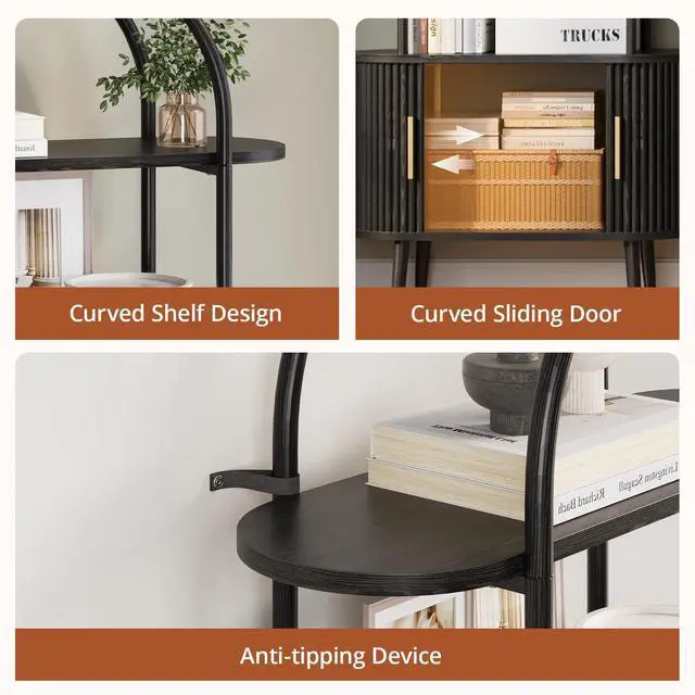 Alt view image 4 of 6 - 71" Tall Arched Bookshelf with Sliding Doors, Mid Century Modern Metal Curved Bookcase Cabinet with Storage, 4-Tier Storage Shelf for Living Room, Home Office, Bedroom, Black
