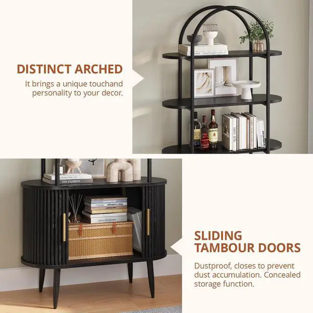 Alt view image 5 of 6 - 71" Tall Arched Bookshelf with Sliding Doors, Mid Century Modern Metal Curved Bookcase Cabinet with Storage, 4-Tier Storage Shelf for Living Room, Home Office, Bedroom, Black