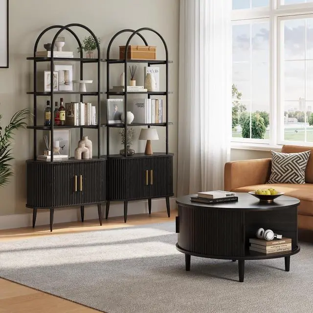 Alt view image 6 of 6 - 71" Tall Arched Bookshelf with Sliding Doors, Mid Century Modern Metal Curved Bookcase Cabinet with Storage, 4-Tier Storage Shelf for Living Room, Home Office, Bedroom, Black