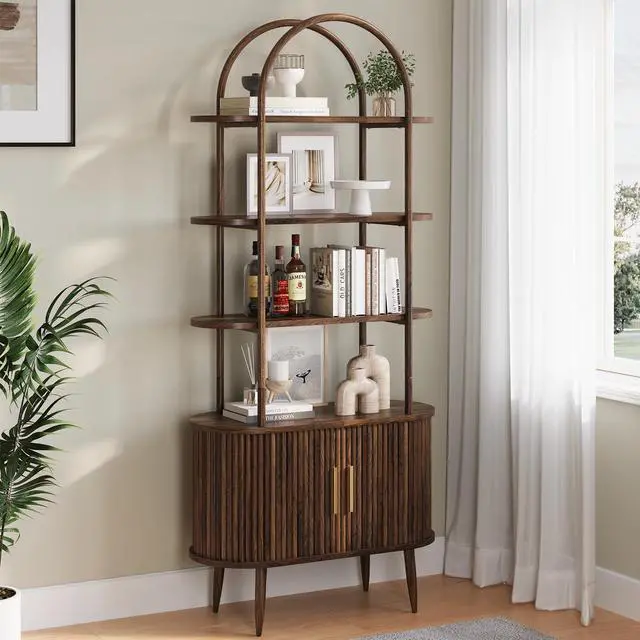 Main image of 71" Tall Arched Bookshelf with Sliding Doors, Mid Century Modern Metal Curved Bookcase Cabinet with Storage, 4-Tier Storage Shelf for Living Room, Home Office, Bedroom, Walnut