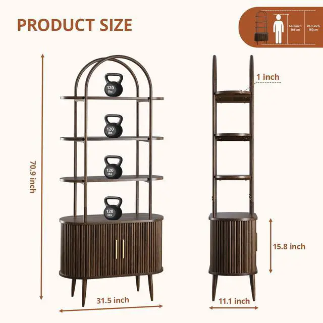 Alt view image 2 of 6 - 71" Tall Arched Bookshelf with Sliding Doors, Mid Century Modern Metal Curved Bookcase Cabinet with Storage, 4-Tier Storage Shelf for Living Room, Home Office, Bedroom, Walnut