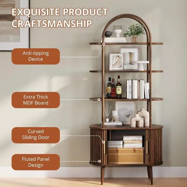 Alt view image 3 of 6 - 71" Tall Arched Bookshelf with Sliding Doors, Mid Century Modern Metal Curved Bookcase Cabinet with Storage, 4-Tier Storage Shelf for Living Room, Home Office, Bedroom, Walnut
