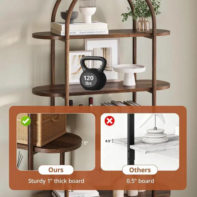 Alt view image 4 of 6 - 71" Tall Arched Bookshelf with Sliding Doors, Mid Century Modern Metal Curved Bookcase Cabinet with Storage, 4-Tier Storage Shelf for Living Room, Home Office, Bedroom, Walnut