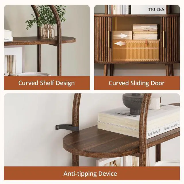 Alt view image 5 of 6 - 71" Tall Arched Bookshelf with Sliding Doors, Mid Century Modern Metal Curved Bookcase Cabinet with Storage, 4-Tier Storage Shelf for Living Room, Home Office, Bedroom, Walnut