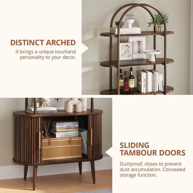 Alt view image 6 of 6 - 71" Tall Arched Bookshelf with Sliding Doors, Mid Century Modern Metal Curved Bookcase Cabinet with Storage, 4-Tier Storage Shelf for Living Room, Home Office, Bedroom, Walnut