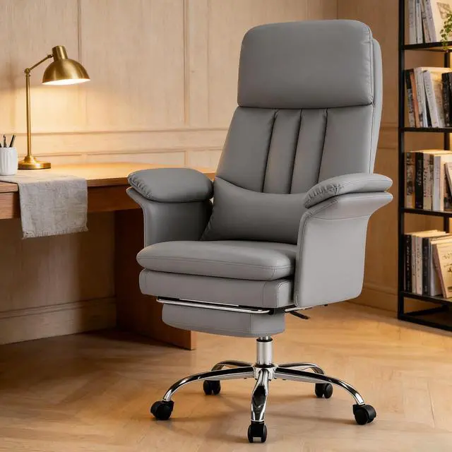 Main image of Comfortable Home Office Chair with Footrest 400lbs, Premium PU Leather Office Chair with High Back Adjustable Lumbar Support Double-Layered Armrests,Reclining Chairs,Gray