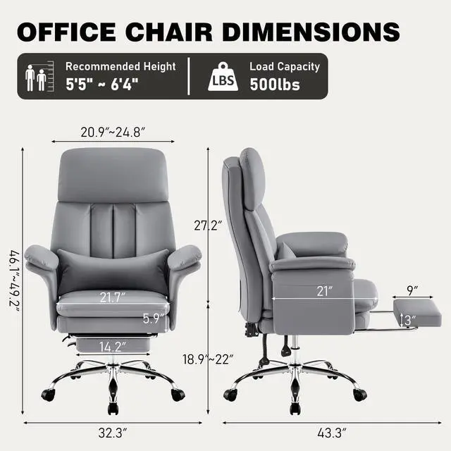 Alt view image 2 of 6 - Comfortable Home Office Chair with Footrest 400lbs, Premium PU Leather Office Chair with High Back Adjustable Lumbar Support Double-Layered Armrests,Reclining Chairs,Gray