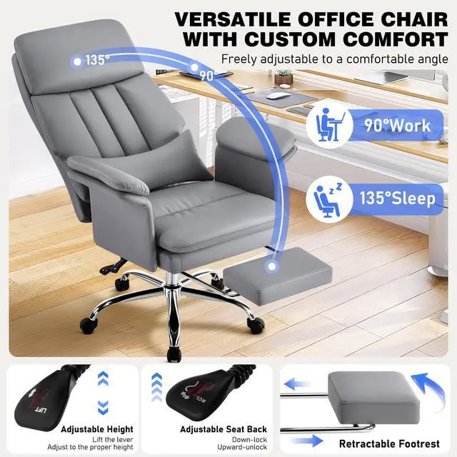Alt view image 3 of 6 - Comfortable Home Office Chair with Footrest 400lbs, Premium PU Leather Office Chair with High Back Adjustable Lumbar Support Double-Layered Armrests,Reclining Chairs,Gray