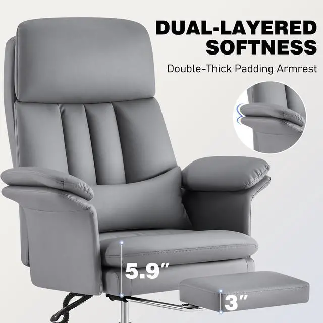 Alt view image 5 of 6 - Comfortable Home Office Chair with Footrest 400lbs, Premium PU Leather Office Chair with High Back Adjustable Lumbar Support Double-Layered Armrests,Reclining Chairs,Gray