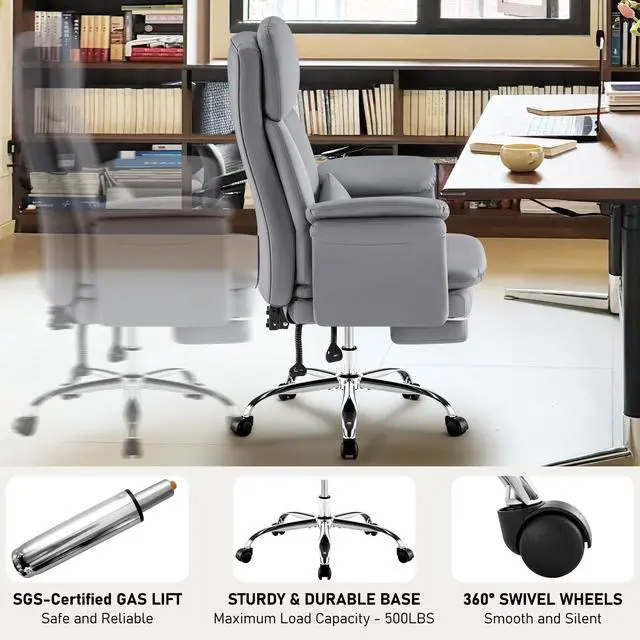 Alt view image 6 of 6 - Comfortable Home Office Chair with Footrest 400lbs, Premium PU Leather Office Chair with High Back Adjustable Lumbar Support Double-Layered Armrests,Reclining Chairs,Gray