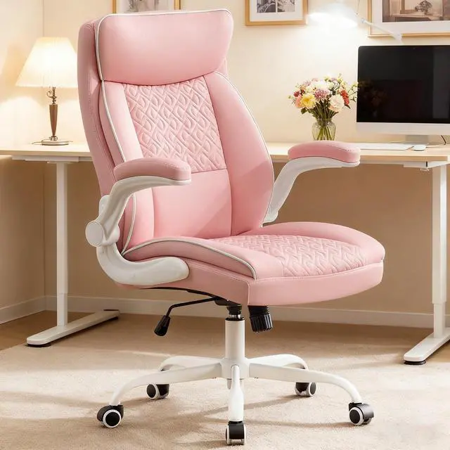 Main image of Leather Office Chair, Computer Desk Chair with Lumbar Support,Height Adjustment, Comfortable Excutive Task Chairs 400lbs with Padded Flip-up Armrests, Pink