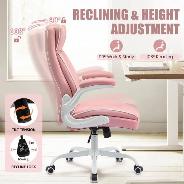 Alt view image 3 of 6 - Leather Office Chair, Computer Desk Chair with Lumbar Support,Height Adjustment, Comfortable Excutive Task Chairs 400lbs with Padded Flip-up Armrests, Pink