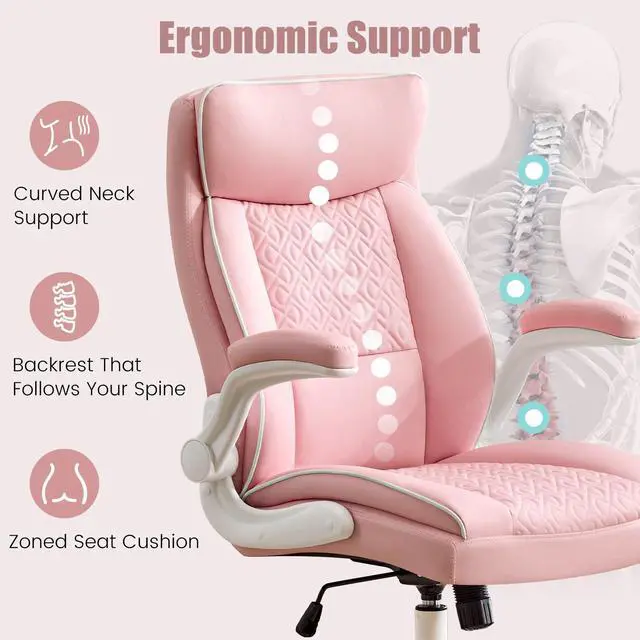 Alt view image 4 of 6 - Leather Office Chair, Computer Desk Chair with Lumbar Support,Height Adjustment, Comfortable Excutive Task Chairs 400lbs with Padded Flip-up Armrests, Pink
