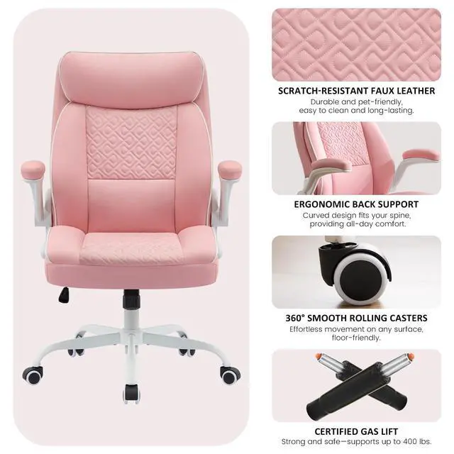 Alt view image 5 of 6 - Leather Office Chair, Computer Desk Chair with Lumbar Support,Height Adjustment, Comfortable Excutive Task Chairs 400lbs with Padded Flip-up Armrests, Pink
